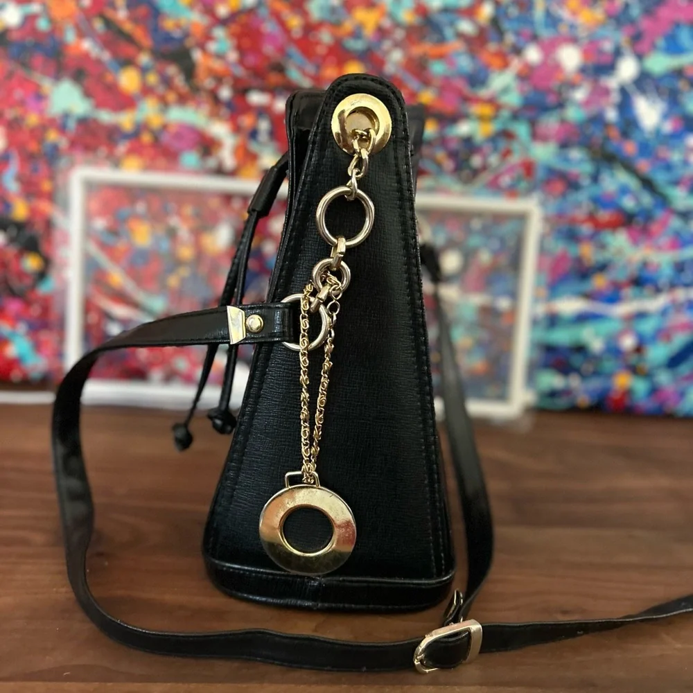 Small Black Crossbody Bag with Gold Accents and Drawstring Closure - Picture 4 of 11